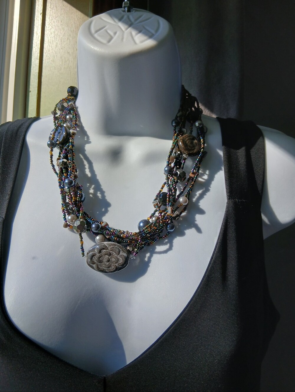 Multistrand Beaded Statement Necklace - Iridescent Gray 9- 10"